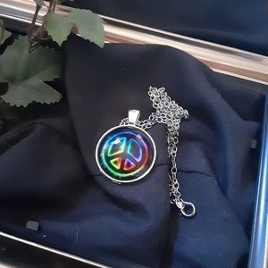 Cabachon Glass Necklace 18" Peace Groovy☮✌☮✌☮